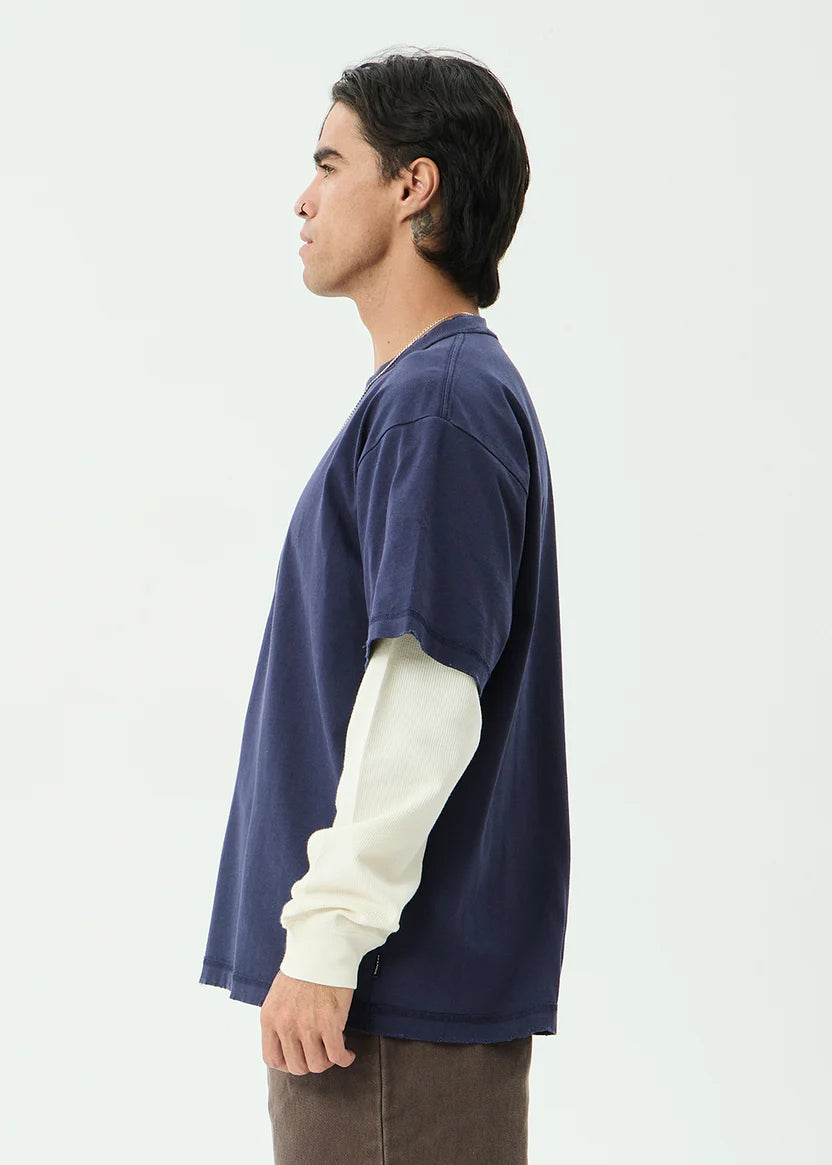 AFENDS CHAINS HEAVYWEIGHT LAYERED WAFFLE LONG SLEEVE TEE RECYCLED STREETWEAR WASHED DEEP SEA
