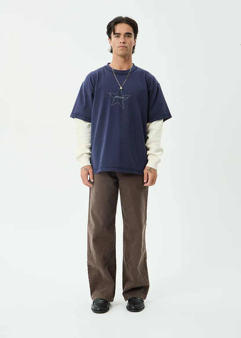 AFENDS CHAINS HEAVYWEIGHT LAYERED WAFFLE LONG SLEEVE TEE RECYCLED STREETWEAR WASHED DEEP SEA