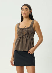 AFENDS CYRUS TIE TOP – RECYCLED ADJUSTABLE GATHERED SUMMER TOP – COFFEE STRIPE