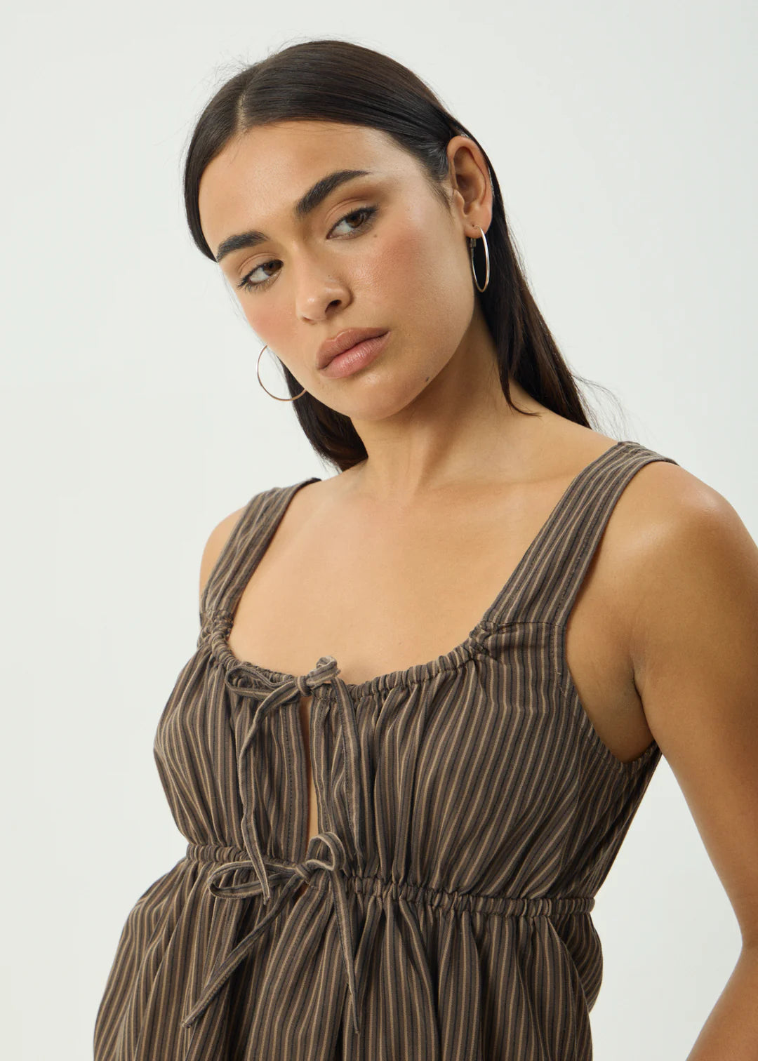 AFENDS CYRUS TIE TOP – RECYCLED ADJUSTABLE GATHERED SUMMER TOP – COFFEE STRIPE