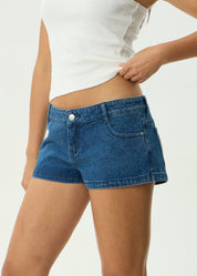 AFENDS DALLAS LOW RISE DENIM SHORT – SUSTAINABLE MICRO Y2K SHORTS – AUTHENTIC BLUE