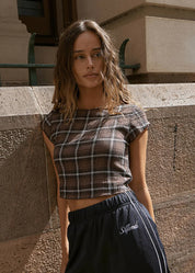 AFENDS DARCY SEERSUCKER TOP HEMP TENCEL CROP COFFEE CHECK