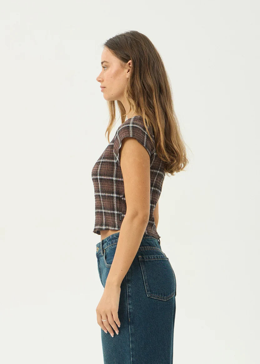 AFENDS DARCY SEERSUCKER TOP HEMP TENCEL CROP COFFEE CHECK