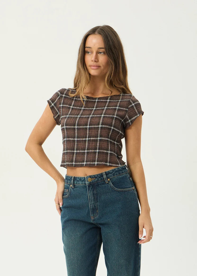 AFENDS DARCY SEERSUCKER TOP HEMP TENCEL CROP COFFEE CHECK