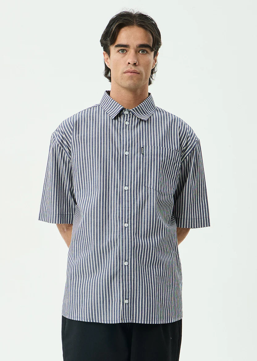 AFENDS DELTA SHORT SLEEVE SHIRT MEN’S ORGANIC COTTON STRIPE STREETWEAR NAVY STRIPE