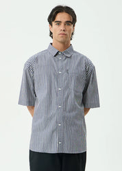 AFENDS DELTA SHORT SLEEVE SHIRT MEN’S ORGANIC COTTON STRIPE STREETWEAR NAVY STRIPE