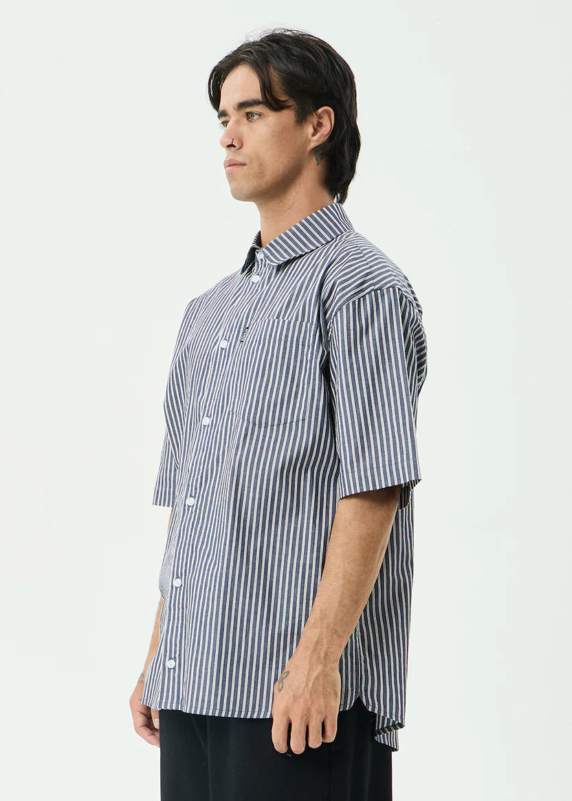 AFENDS DELTA SHORT SLEEVE SHIRT MEN’S ORGANIC COTTON STRIPE STREETWEAR NAVY STRIPE