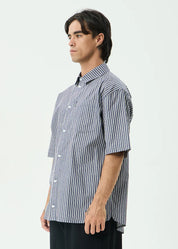 AFENDS DELTA SHORT SLEEVE SHIRT MEN’S ORGANIC COTTON STRIPE STREETWEAR NAVY STRIPE