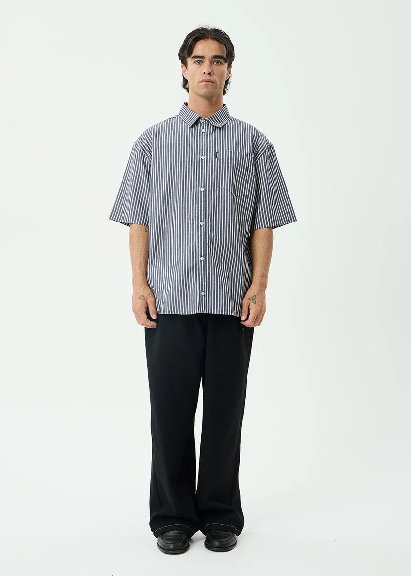 AFENDS DELTA SHORT SLEEVE SHIRT MEN’S ORGANIC COTTON STRIPE STREETWEAR NAVY STRIPE