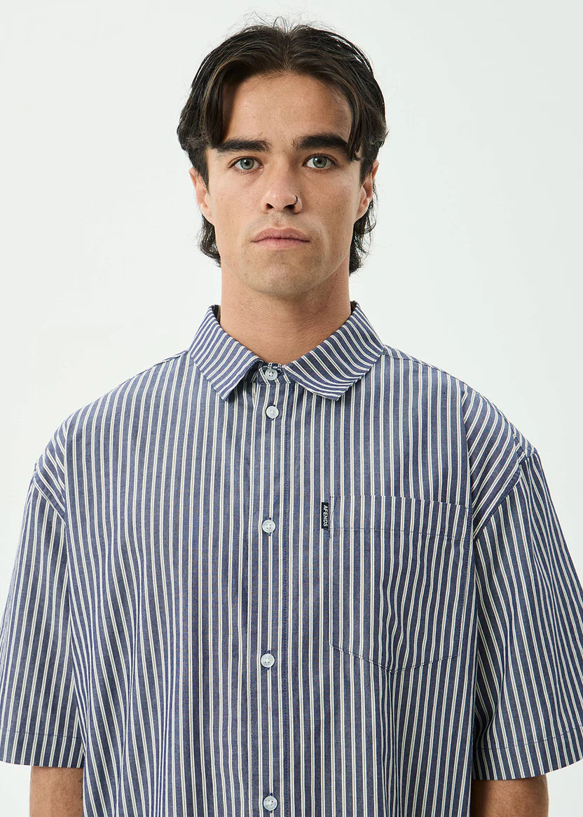 AFENDS DELTA SHORT SLEEVE SHIRT MEN’S ORGANIC COTTON STRIPE STREETWEAR NAVY STRIPE