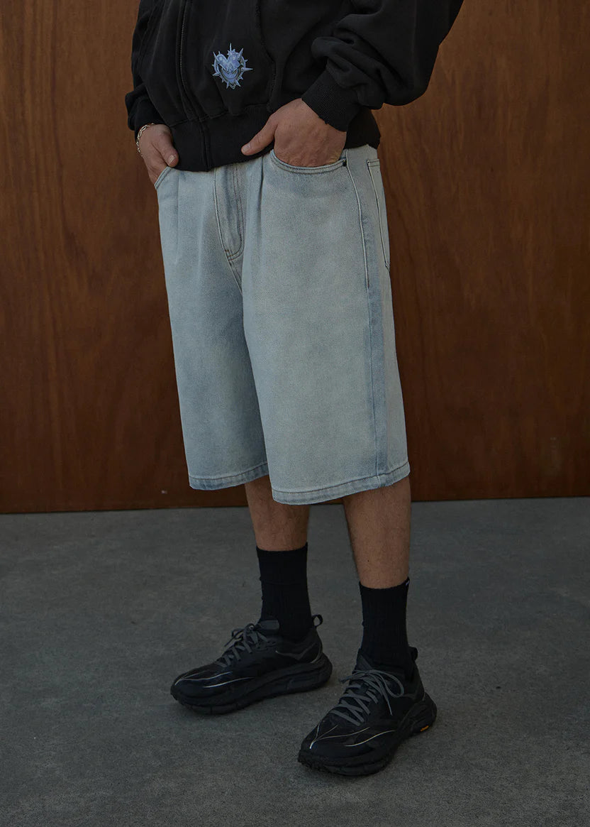 AFENDS FAST FORWARD DENIM ULTRA BAGGY PLEATED SHORT 24" – STONE BLUE