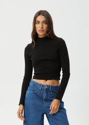 AFENDS ICONIC LONG SLEEVE RIB TOP ORGANIC COTTON BLACK