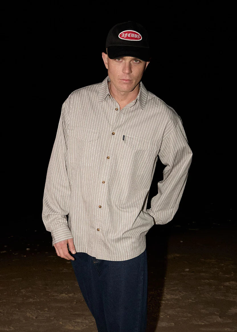 AFENDS LENNOX OVERSIZED LONG SLEEVE SHIRT – OLIVE STRIPE