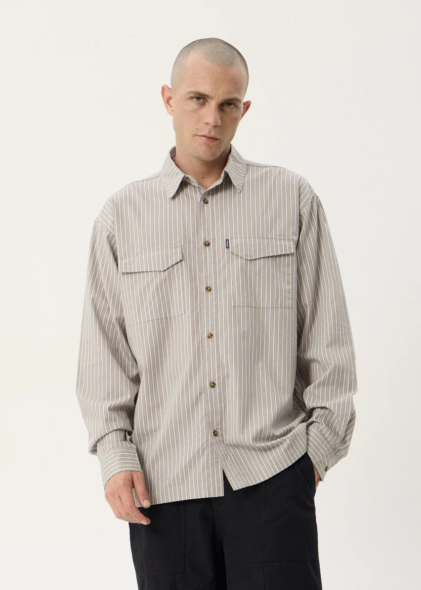 AFENDS LENNOX OVERSIZED LONG SLEEVE SHIRT – OLIVE STRIPE
