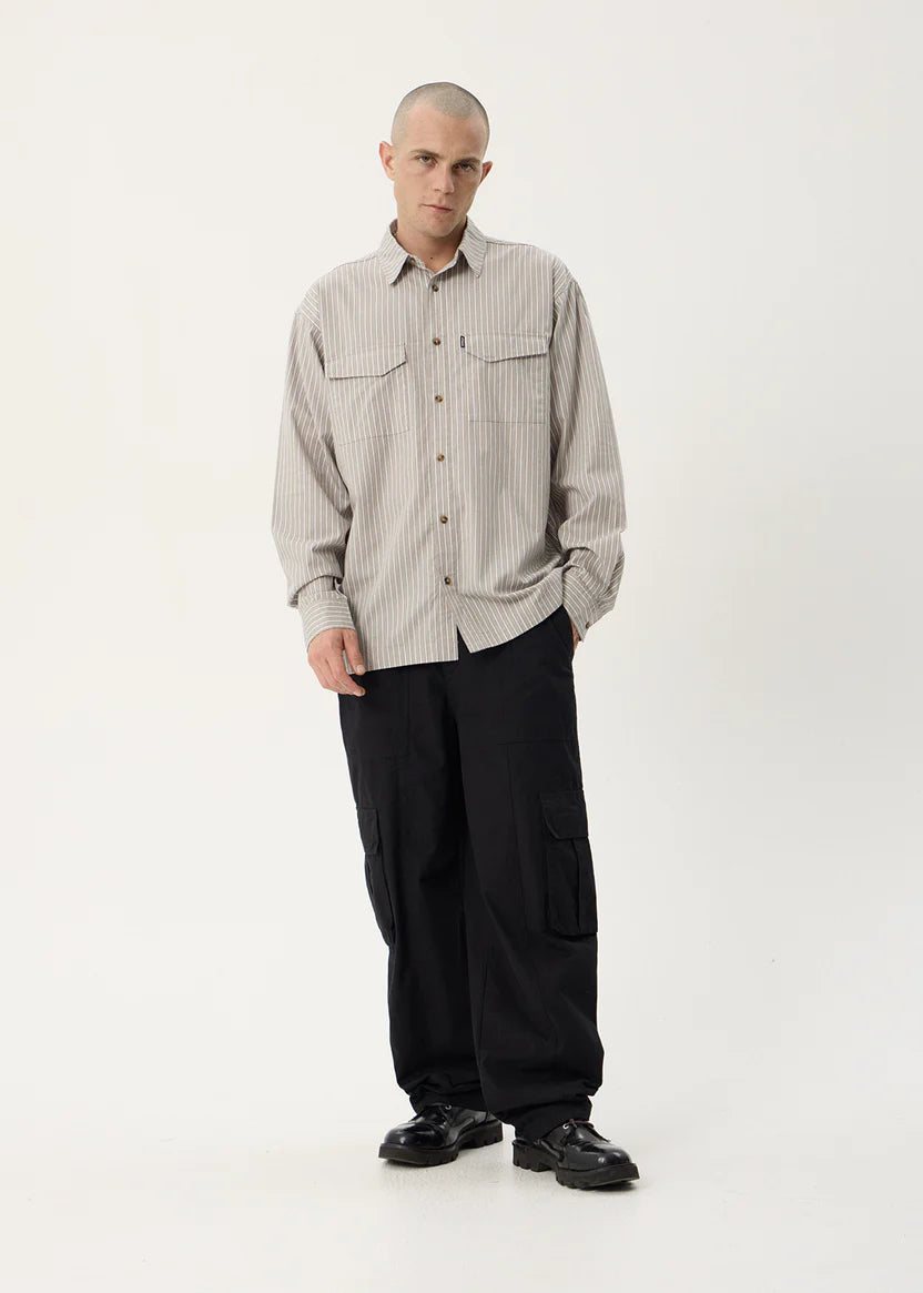AFENDS LENNOX OVERSIZED LONG SLEEVE SHIRT – OLIVE STRIPE