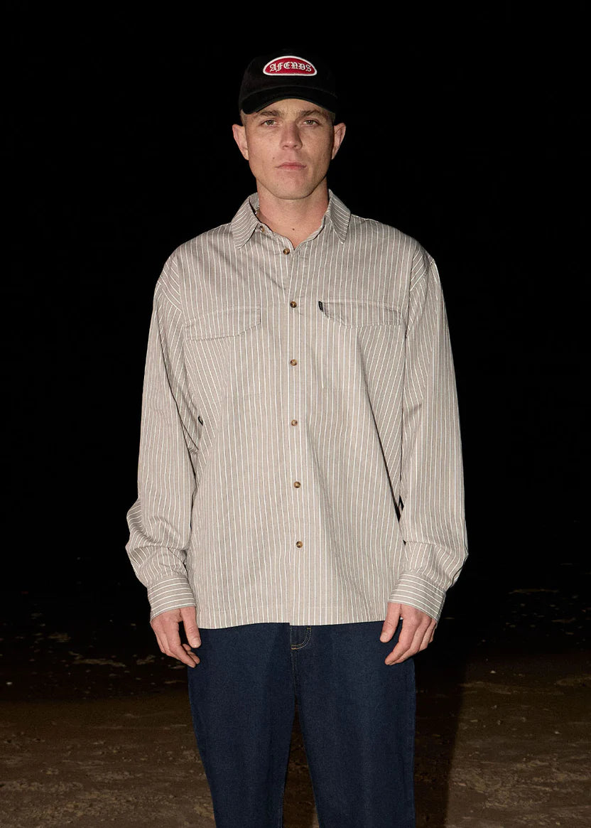 AFENDS LENNOX OVERSIZED LONG SLEEVE SHIRT – OLIVE STRIPE