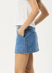 AFENDS LEXI DENIM MINI SKIRT – LOW-RISE SUSTAINABLE CARPENTER SKIRT – WORN BLUE