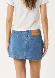 AFENDS LEXI DENIM MINI SKIRT – LOW-RISE SUSTAINABLE CARPENTER SKIRT – WORN BLUE