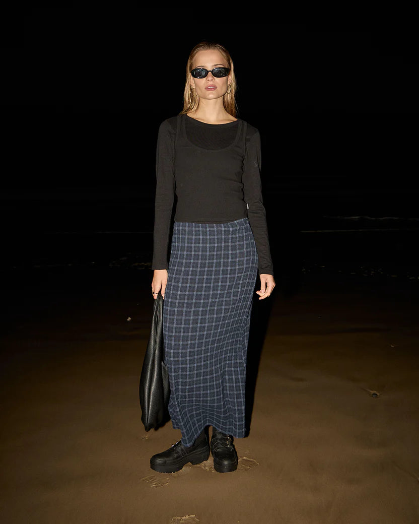 AFENDS LITA SEERSUCKER MAXI SKIRT – THEA MIDNIGHT CHECK