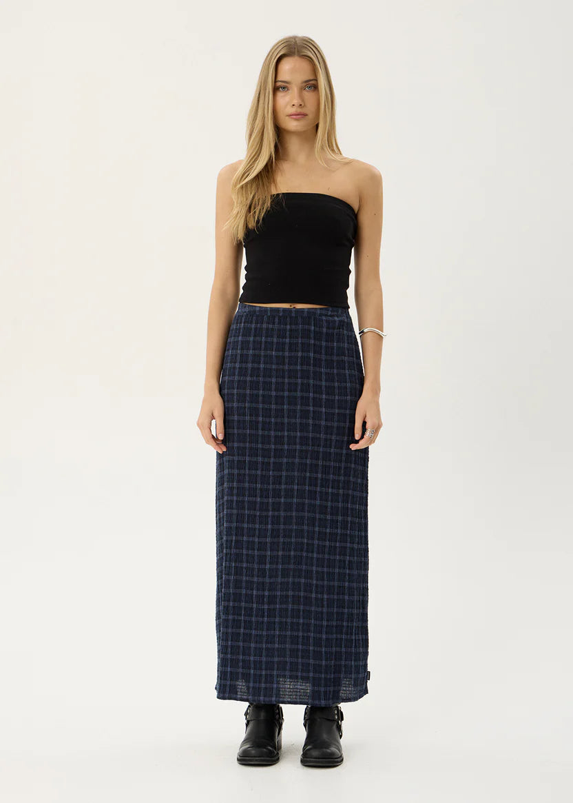 AFENDS LITA SEERSUCKER MAXI SKIRT – THEA MIDNIGHT CHECK