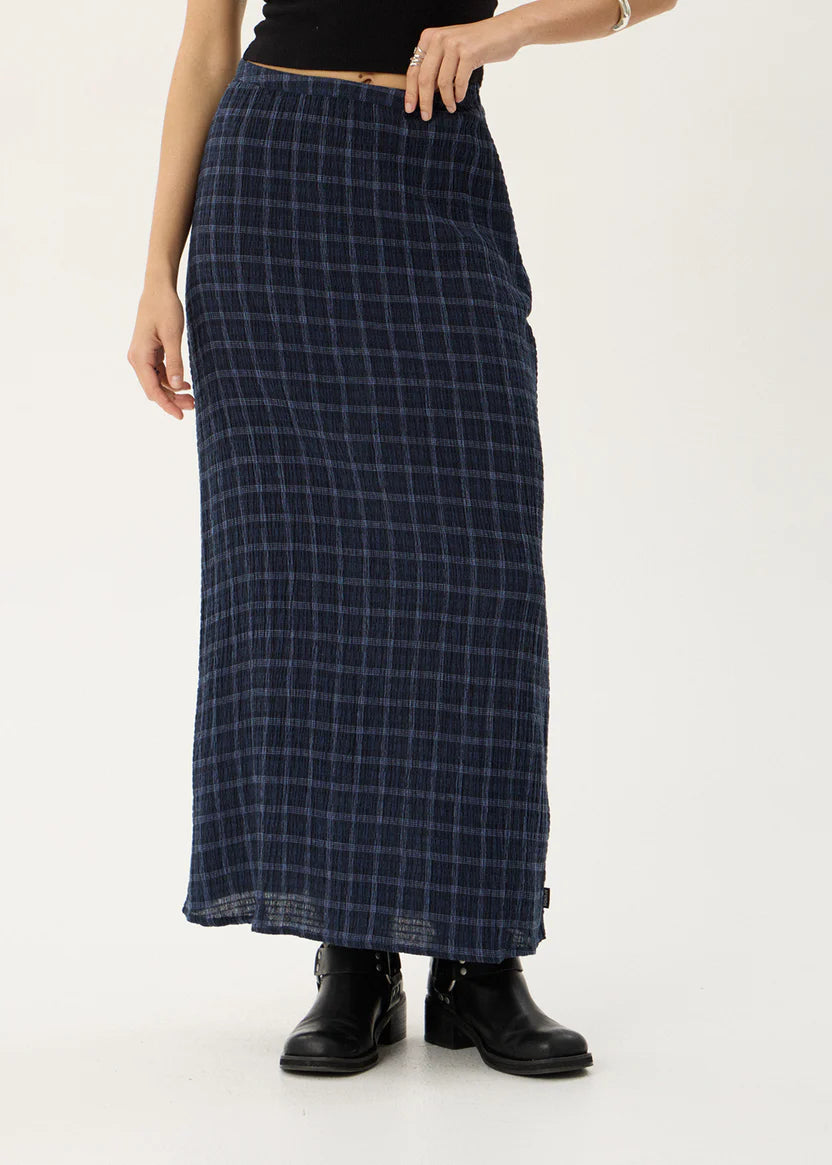 AFENDS LITA SEERSUCKER MAXI SKIRT – THEA MIDNIGHT CHECK