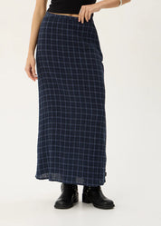 AFENDS LITA SEERSUCKER MAXI SKIRT – THEA MIDNIGHT CHECK