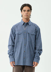 AFENDS MOUNTAINS OVERSIZED LONG SLEEVE SHIRT MEN’S ORGANIC CHECK OVERSHIRT NAVY CHECK