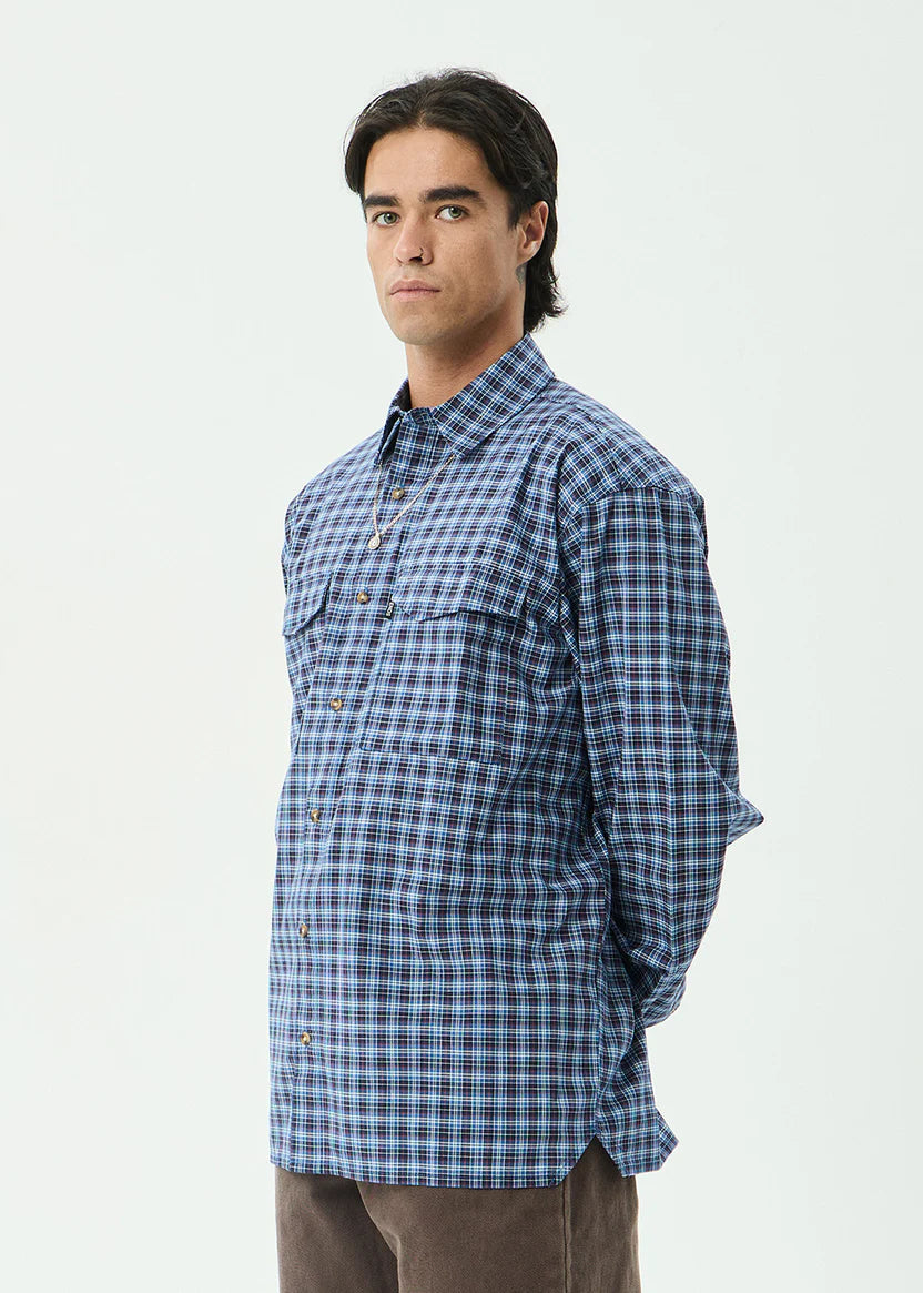 AFENDS MOUNTAINS OVERSIZED LONG SLEEVE SHIRT MEN’S ORGANIC CHECK OVERSHIRT NAVY CHECK