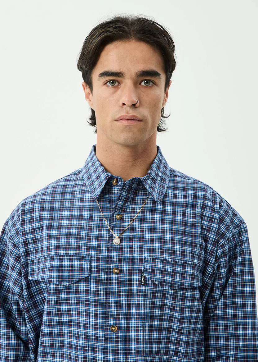 AFENDS MOUNTAINS OVERSIZED LONG SLEEVE SHIRT MEN’S ORGANIC CHECK OVERSHIRT NAVY CHECK