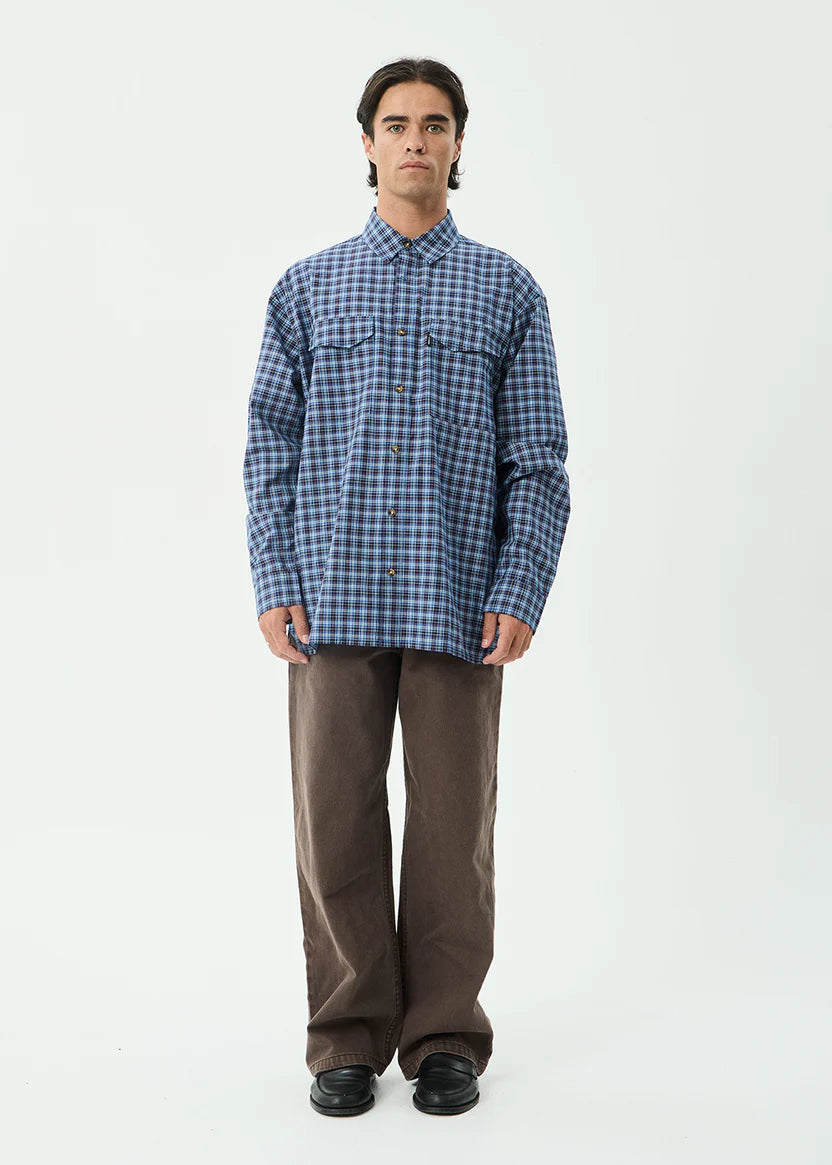 AFENDS MOUNTAINS OVERSIZED LONG SLEEVE SHIRT MEN’S ORGANIC CHECK OVERSHIRT NAVY CHECK