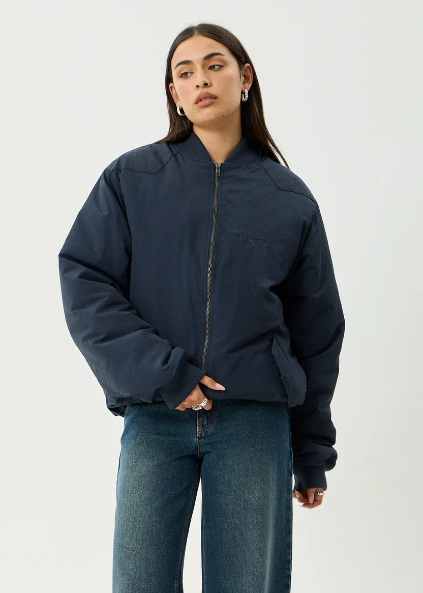 AFENDS NO MORE BOMBS BOMBER JACKET UNISEX RECYCLED NYLON STREETWEAR JACKET DEEP SEA