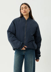 AFENDS NO MORE BOMBS BOMBER JACKET UNISEX RECYCLED NYLON STREETWEAR JACKET DEEP SEA