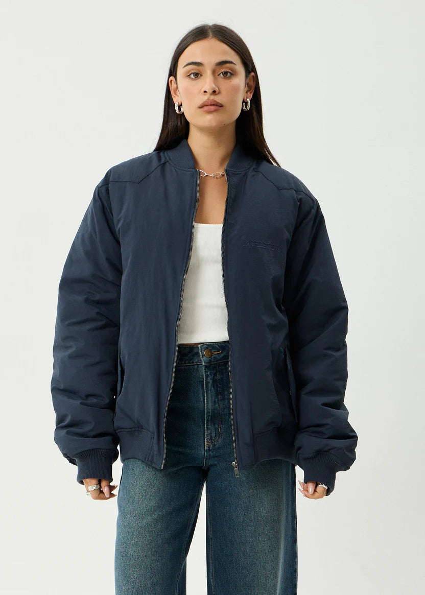AFENDS NO MORE BOMBS BOMBER JACKET UNISEX RECYCLED NYLON STREETWEAR JACKET DEEP SEA