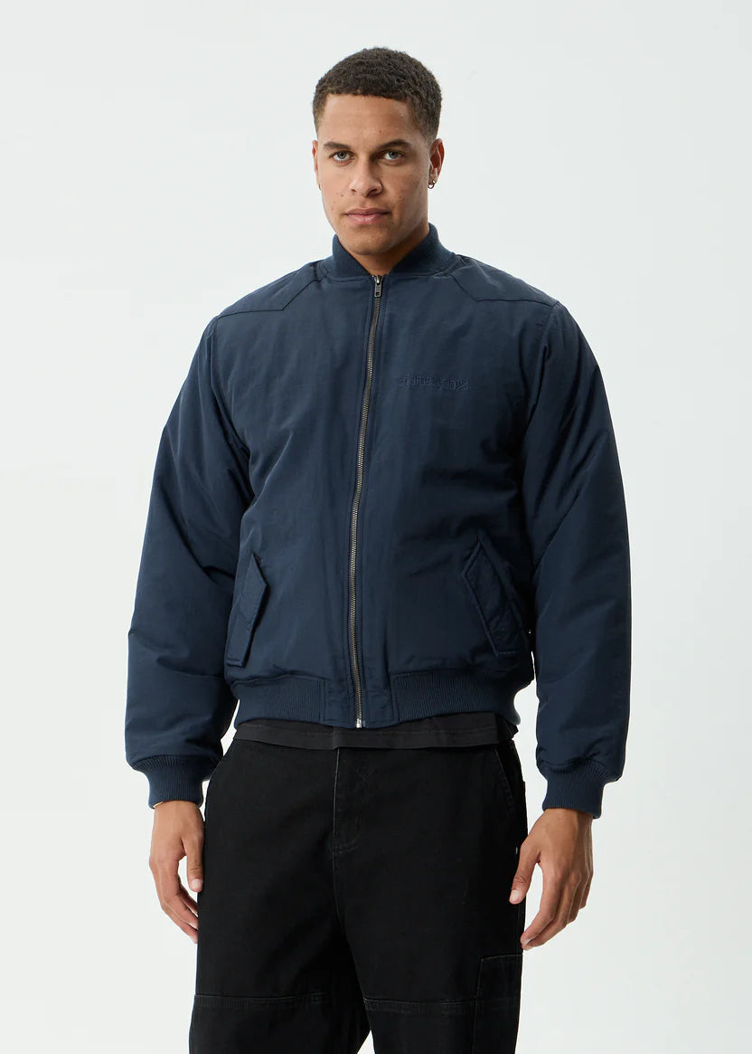 AFENDS NO MORE BOMBS BOMBER JACKET UNISEX RECYCLED NYLON STREETWEAR JACKET DEEP SEA