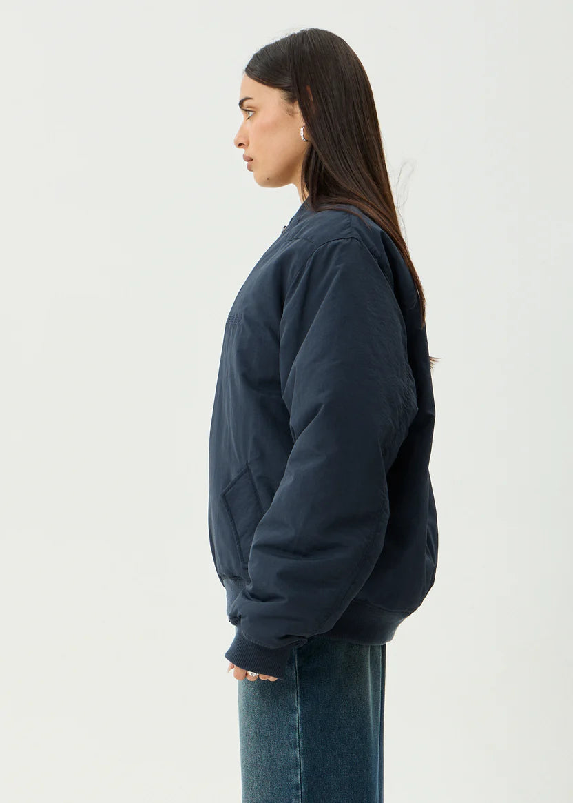 AFENDS NO MORE BOMBS BOMBER JACKET UNISEX RECYCLED NYLON STREETWEAR JACKET DEEP SEA