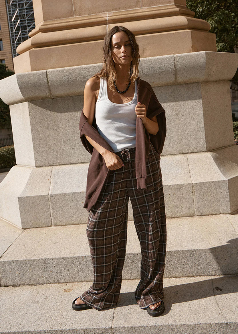 AFENDS REVERIE SEERSUCKER PANT HEMP TENCEL BAGGY FIT COFFEE CHECK