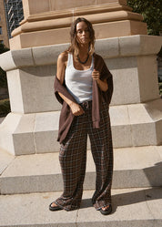AFENDS REVERIE SEERSUCKER PANT HEMP TENCEL BAGGY FIT COFFEE CHECK