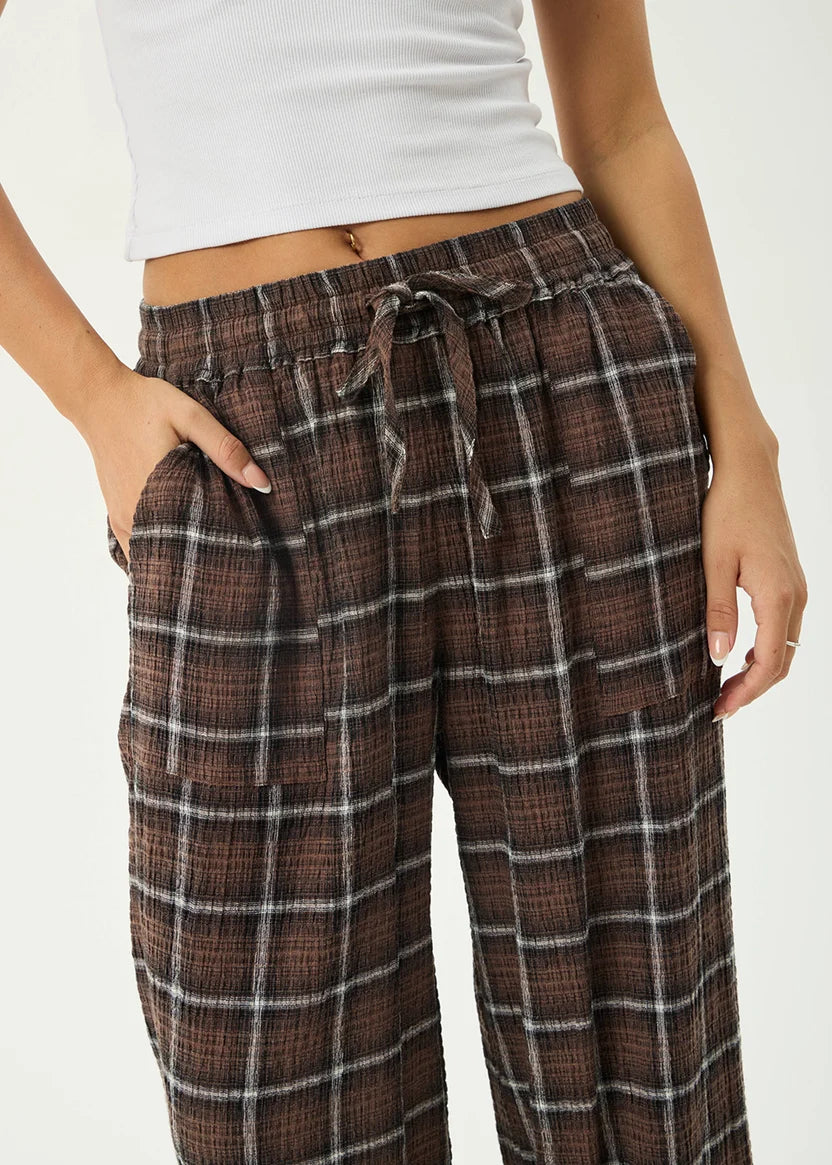 AFENDS REVERIE SEERSUCKER PANT HEMP TENCEL BAGGY FIT COFFEE CHECK