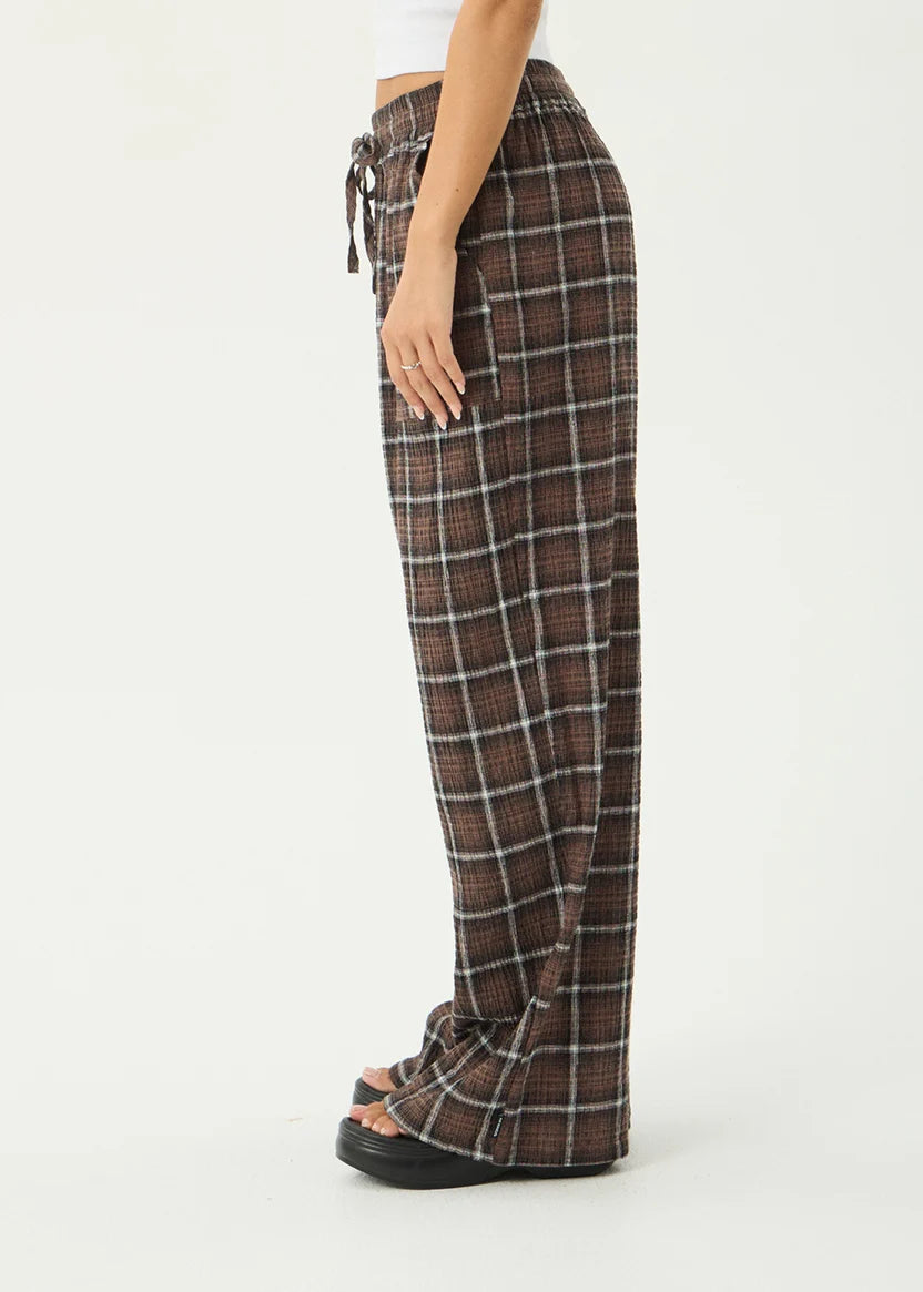 AFENDS REVERIE SEERSUCKER PANT HEMP TENCEL BAGGY FIT COFFEE CHECK