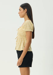 AFENDS SUNDAY SEERSUCKER TOP – WOMENS HEMP CROP BUTTON UP SHIRT LEMON CHECK