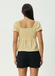 AFENDS SUNDAY SEERSUCKER TOP – WOMENS HEMP CROP BUTTON UP SHIRT LEMON CHECK