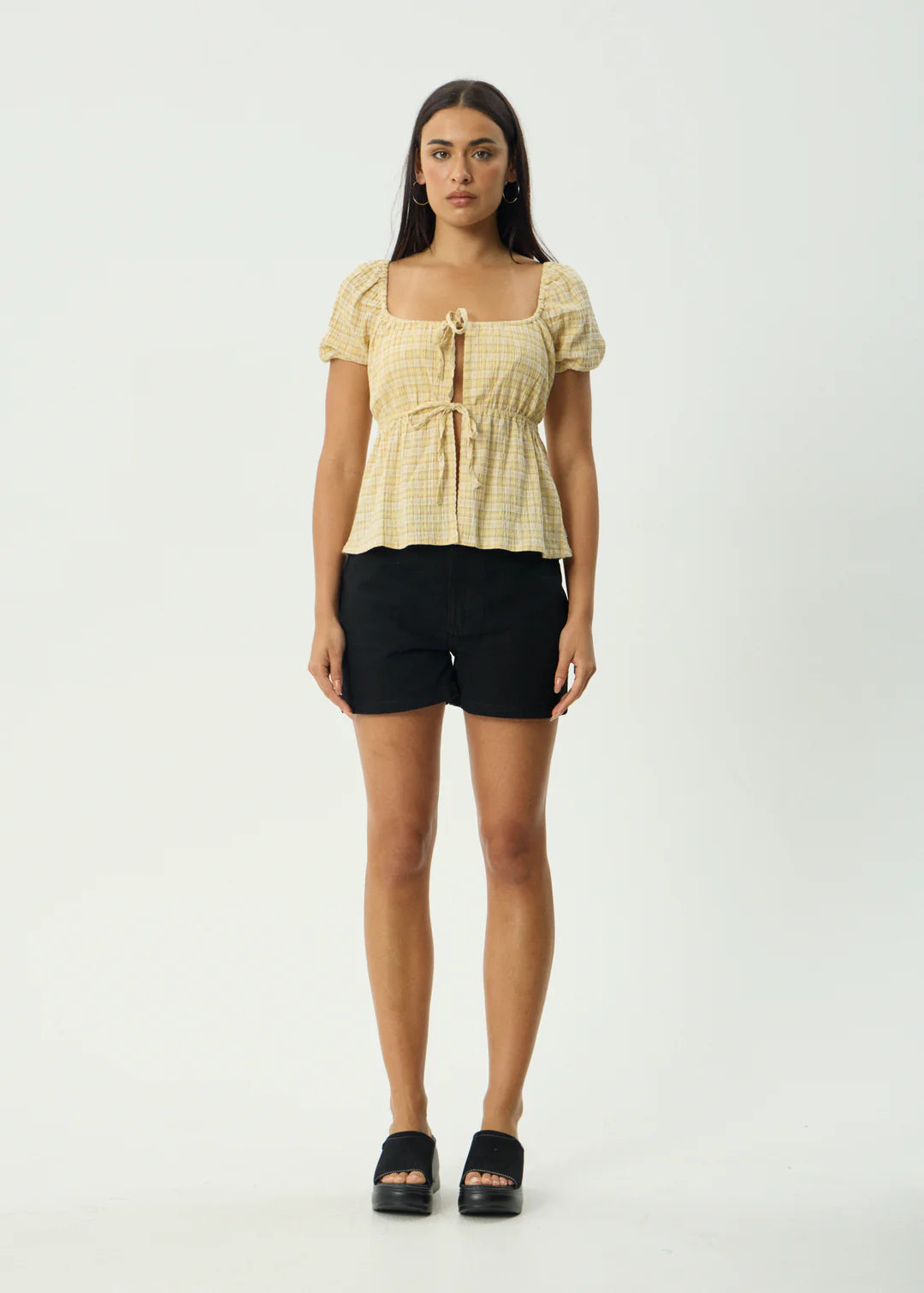 AFENDS SUNDAY SEERSUCKER TOP – WOMENS HEMP CROP BUTTON UP SHIRT LEMON CHECK