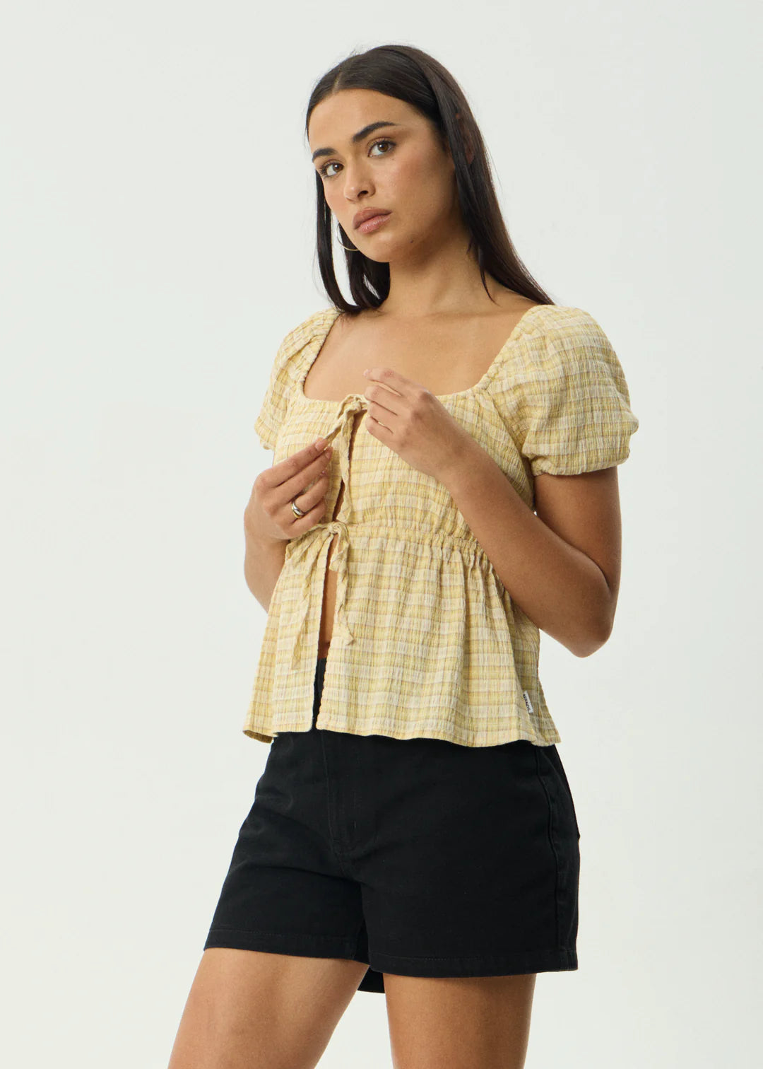 AFENDS SUNDAY SEERSUCKER TOP – WOMENS HEMP CROP BUTTON UP SHIRT LEMON CHECK