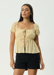 AFENDS SUNDAY SEERSUCKER TOP – WOMENS HEMP CROP BUTTON UP SHIRT LEMON CHECK