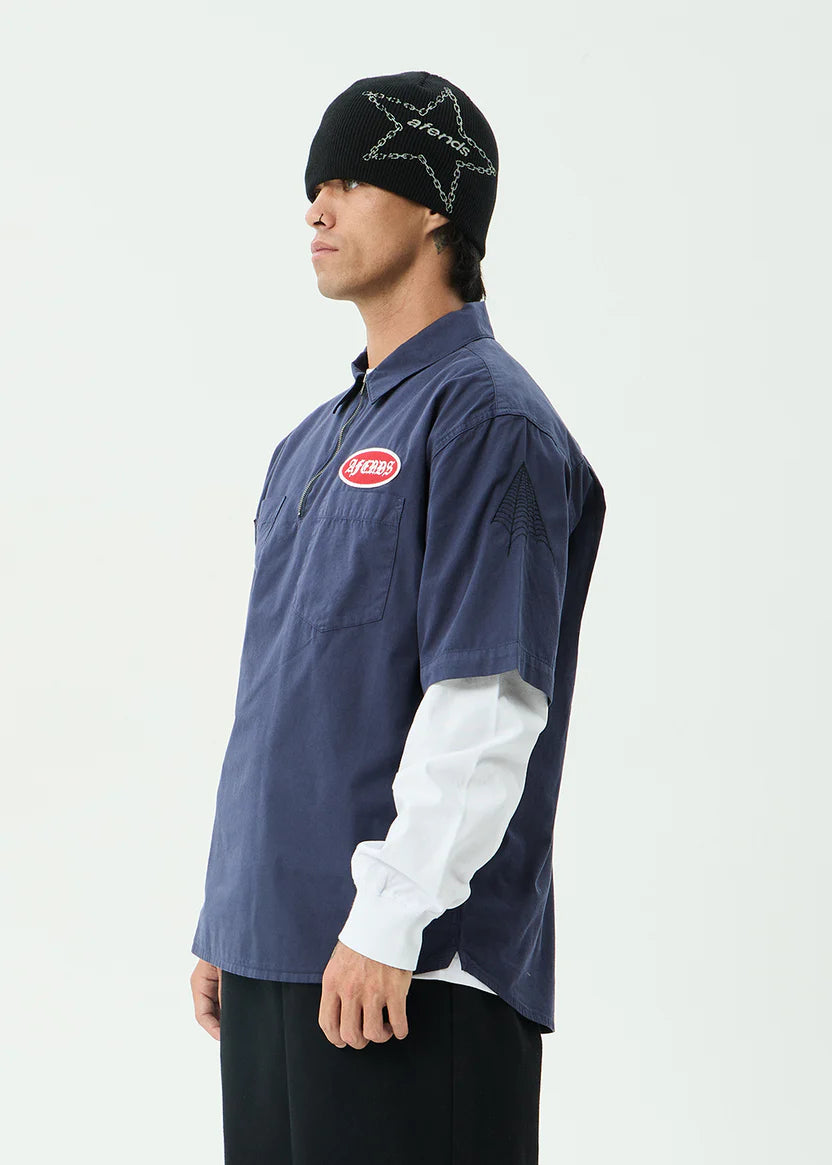 AFENDS SUPPLY WORKWEAR SHORT SLEEVE SHIRT MEN’S ORGANIC COTTON STREETWEAR WASHED DEEP SEA