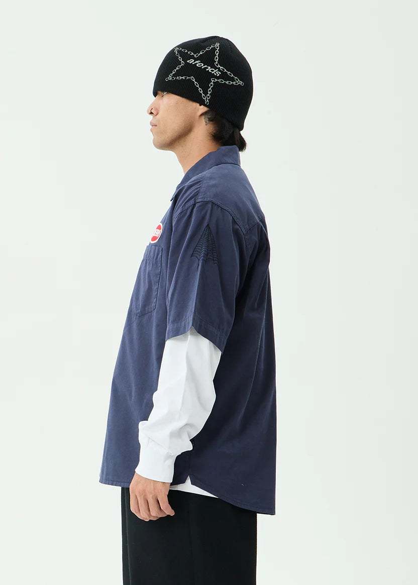 AFENDS SUPPLY WORKWEAR SHORT SLEEVE SHIRT MEN’S ORGANIC COTTON STREETWEAR WASHED DEEP SEA