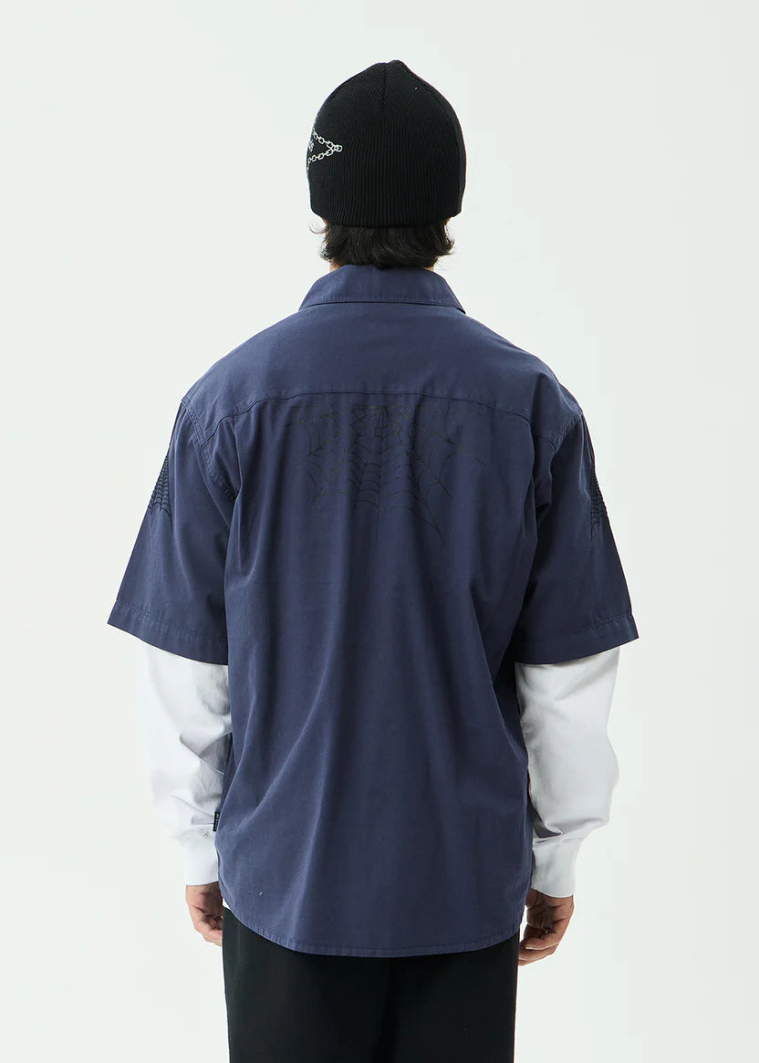 AFENDS SUPPLY WORKWEAR SHORT SLEEVE SHIRT MEN’S ORGANIC COTTON STREETWEAR WASHED DEEP SEA