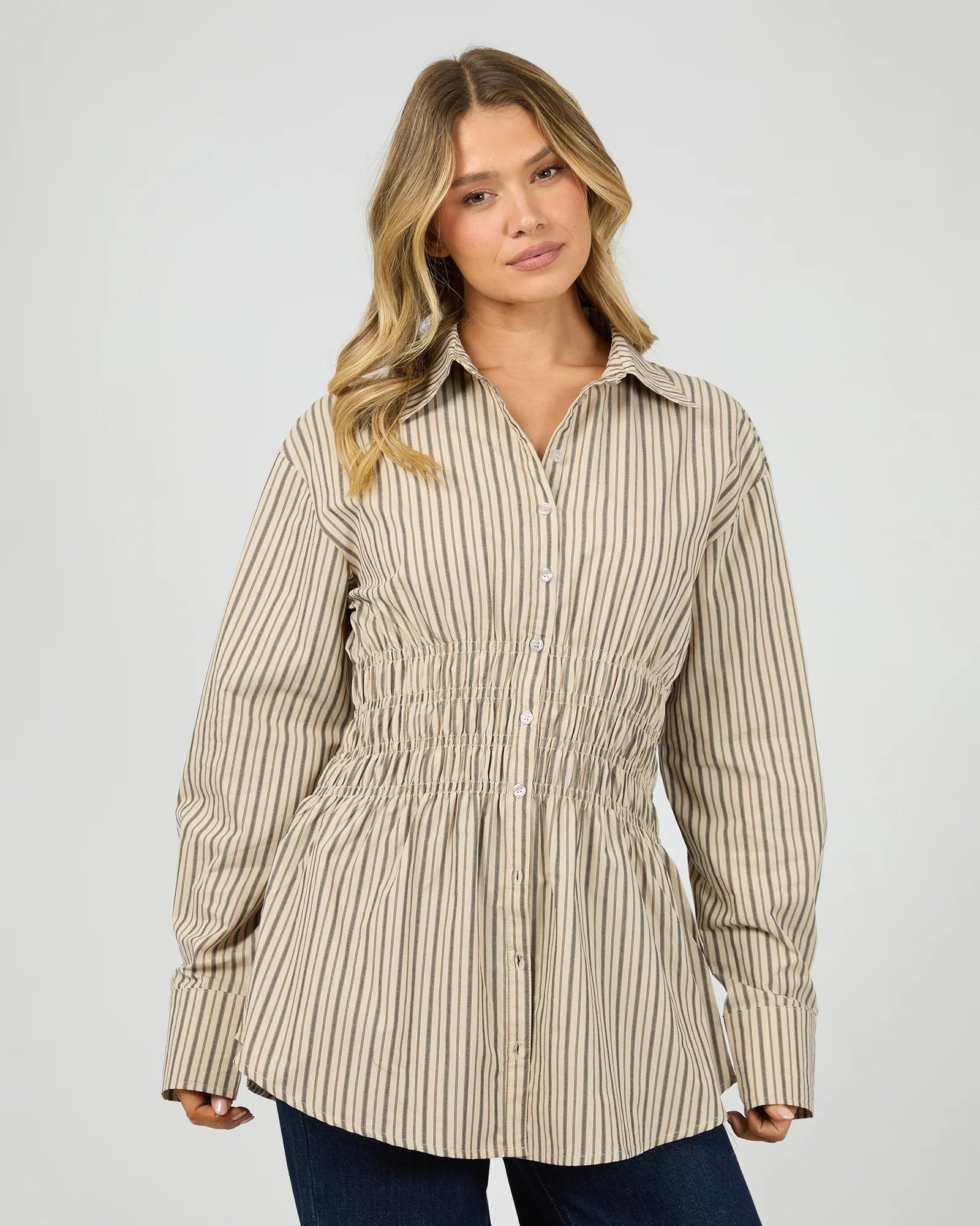 ALL ABOUT EVE AAE RUCHED STRIPE SHIRT WOMENS FITTED BLOUSE NATURAL