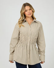 ALL ABOUT EVE AAE RUCHED STRIPE SHIRT WOMENS FITTED BLOUSE NATURAL