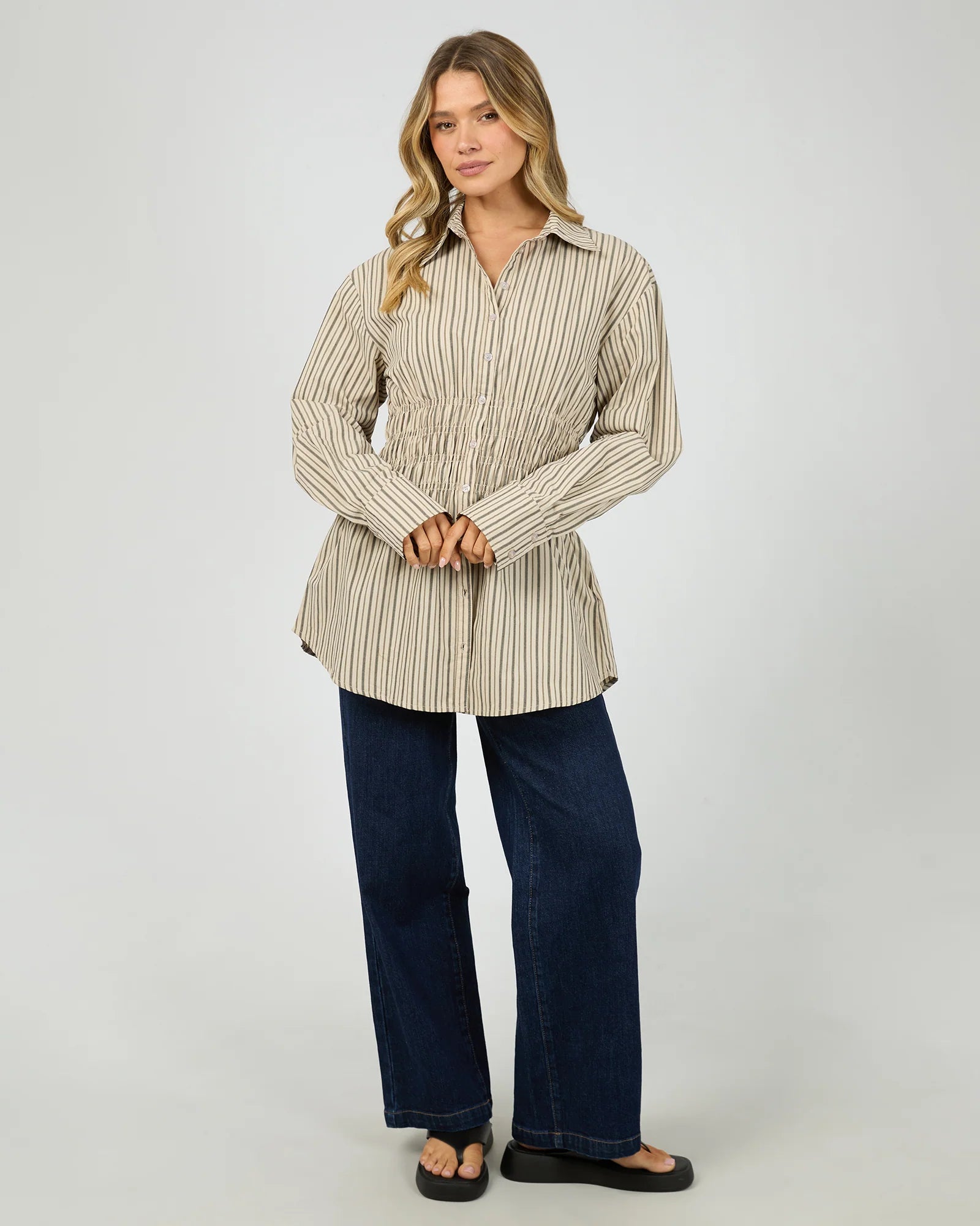 ALL ABOUT EVE AAE RUCHED STRIPE SHIRT WOMENS FITTED BLOUSE NATURAL